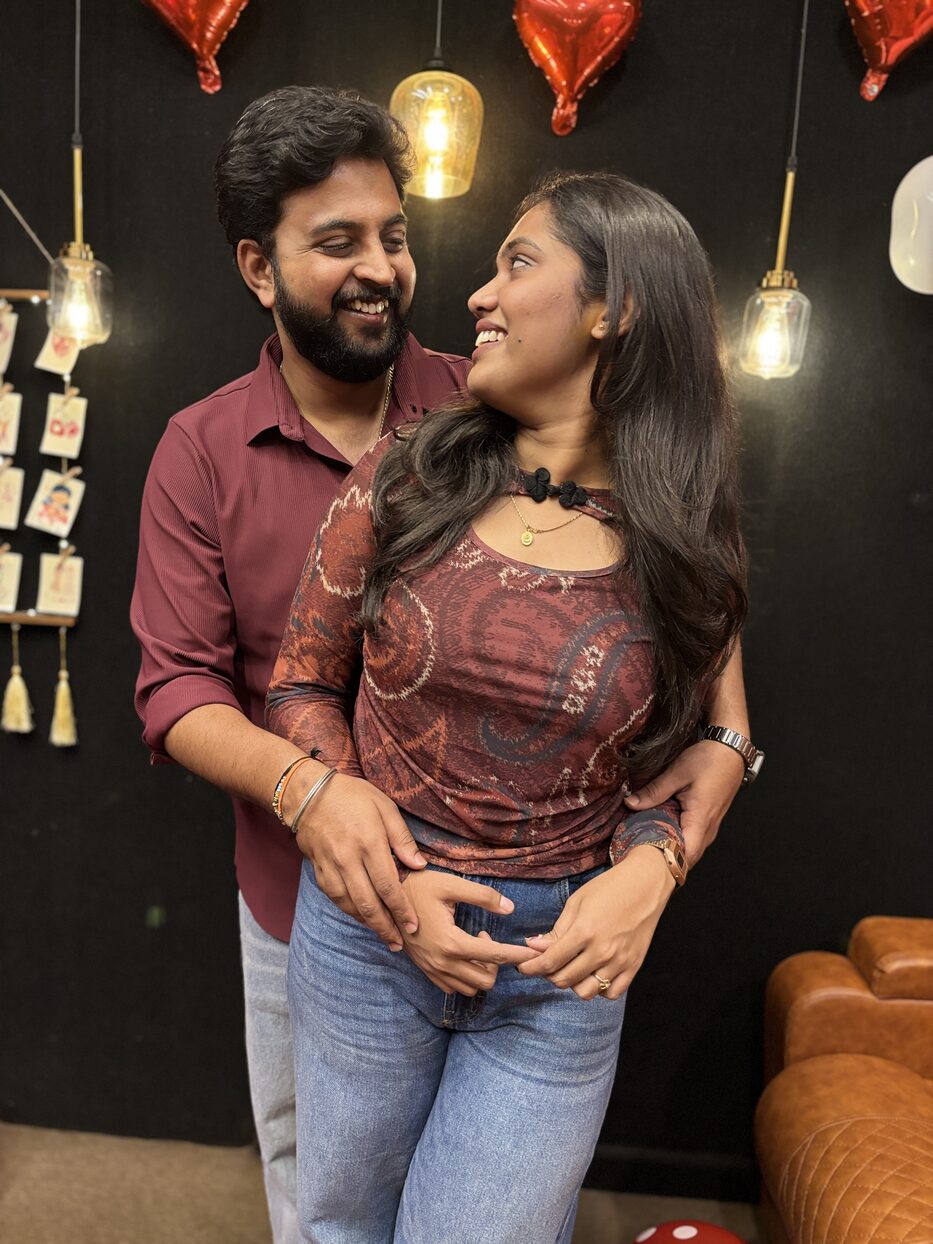 Navya and Subramanya hugging at their proposal celebration